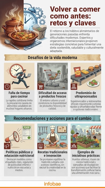 Infografía que ilustra desafíos y soluciones para volver a comer de forma tradicional, con imágenes de alimentos, un reloj, personas y un jardín urbano.