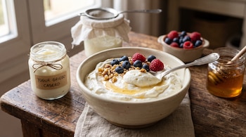 Un tazón de yogur blanco con frutos rojos y miel sobre una mesa de madera, junto a un frasco etiquetado como yogur griego casero.