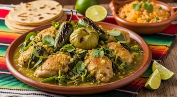 Plato de pollo en salsa verde con verdolagas, chiles y tomatillo, con un cuenco de arroz, tortillas y limones en una mesa de madera.