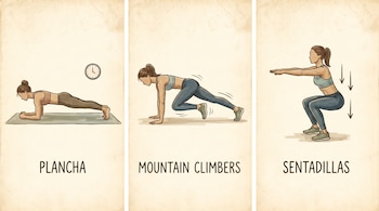 Tres ilustraciones detallan a una persona haciendo una plancha, luego mountain climbers en posición de flexión, y finalmente sentadillas con brazos al frente.