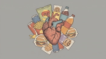 Ilustración de un corazón humano rodeado por patatas fritas, hamburguesas, refrescos, snacks y dulces, sobre un fondo gris liso.