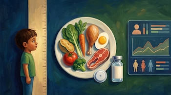 Un niño junto a una escala de estatura, un plato con verduras y carnes, un frasco de insulina, un sensor de glucosa y una pantalla con gráficos.