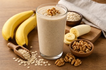 Un vaso con licuado, copos de avena en una cuchara de madera, plátanos enteros y rebanados, y nueces sobre una mesa de madera.