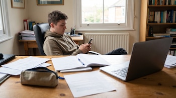 Un hombre joven, de unos 20 años, sentado en una silla de oficina frente a un escritorio de madera con apuntes, un portátil y una cartuchera, mirando su teléfono móvil.