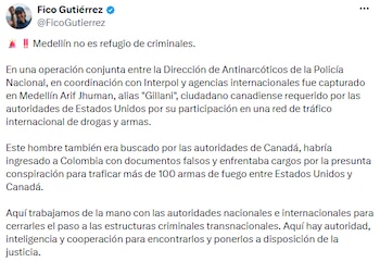 El alcalde Federico Gutiérrez destacó la cooperación entre autoridades nacionales e internacionales y aseguró que "Medellín no es refugio de criminales". - crédito @FicoGutierrez/X