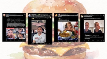 Varias capturas de pantalla de publicaciones de redes sociales en fila horizontal. Fondo de una hamburguesa triple difuminada con estilo acuarela.