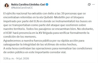 La Gobernación del Chocó reportó que los pasajeros rescatados en la vía Quibdó-Medellín se encuentran en buen estado de salud - crédito @NubiaCarolinaCC / X