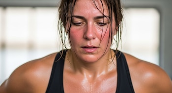 Plano corto de una mujer de 45 años con el rostro enrojecido y brillante de sudor, y el pelo castaño mojado. Viste una camiseta deportiva oscura.