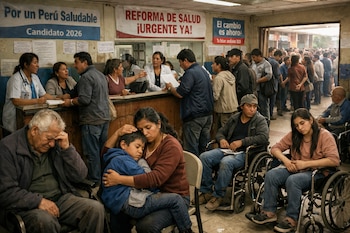 Escena concurrida en la sala de espera de un hospital público, donde se ven pacientes de diversas edades, algunos en sillas de ruedas, esperando atención y personal administrativo.