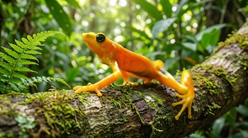 Rana naranja con ojos negros sobre una rama gruesa cubierta de musgo verde. Fondo de hojas verdes y luz solar.