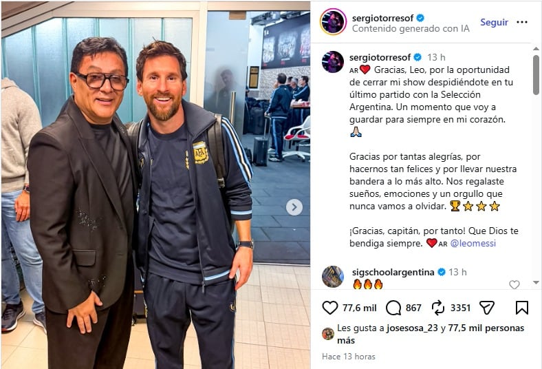 El posteo de Torres para Messi luego de la despedida