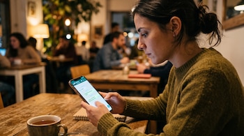 Una mujer observa la pantalla de un teléfono celular sobre una mesa de madera junto a una taza de café.