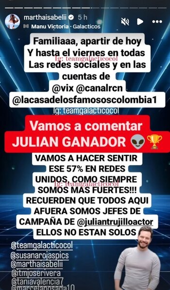 Martha Isabel Bolaños invitó a sus seguidores a darle su apoyo a Julián, que busca quedar entre los cuatro finalistas de 'La casa de los famosos Colombia' - crédito @marthaisabelii/Instagram
