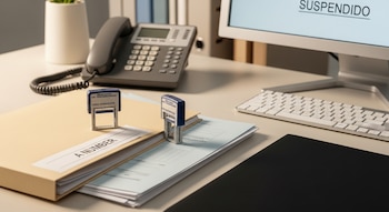 Un escritorio de oficina con un expediente beige etiquetado 'A Number', sellos, documentos, un teléfono fijo y un monitor que muestra 'Suspendido'.