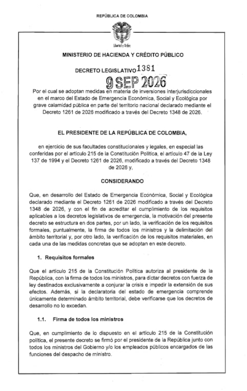 El Decreto 1381 autoriza inversiones entre jurisdicciones para que entidades con mayor capacidad financiera transfieran recursos a zonas afectadas - crédito Dapre