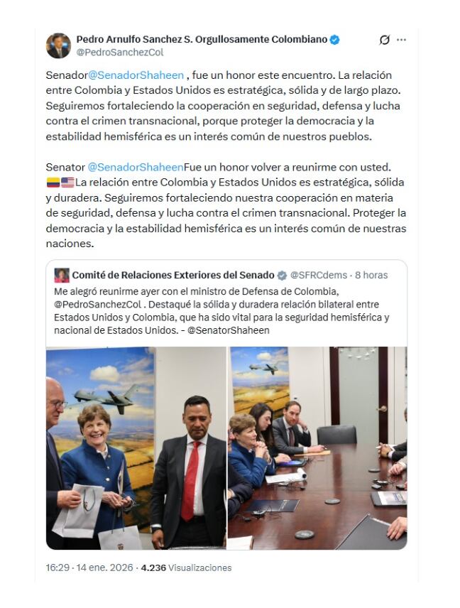 El ministro de Defensa, Pedro Sánchez, sostuvo un encuentro con la senadora Jeanne Shaheen en EE. UU. y valoró el apoyo a la administración Petro - crédito @PedroSanchezCol/X