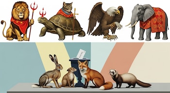 Collage de animales: león, tortuga-gato, águila, elefante, liebre, zorro, hurón, un pequeño mamífero y una urna con papeleta de voto.