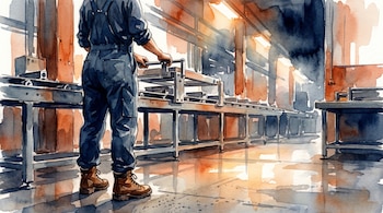 Ilustración en acuarela de una mujer vista de espaldas con overol azul marino y botas marrones, operando una pieza metálica en una línea de ensamblaje industrial.