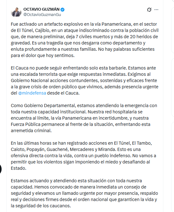El gobernador Octavio Guzmán advirtió que el Cauca atraviesa una escalada terrorista que exige respuestas inmediatas - crédito @OctavioGuzmanGu/X