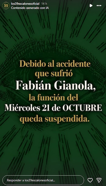 Texto en letras doradas y blancas sobre fondo verde con dibujo de un ojo que informa la suspensión de una función teatral