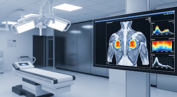 Sala de diagnóstico hospitalaria con mesa de examen médico, lámpara quirúrgica y monitor. El monitor muestra una espalda humana y gráficos de densidad muscular.