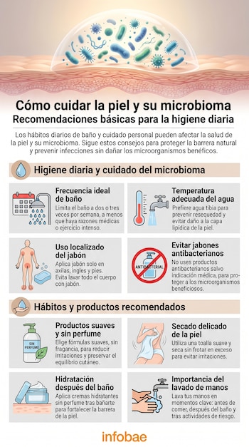 Infografía con ilustraciones de bacterias, piel, calendario de duchas, termómetro, grifo, persona con jabón, botella sin perfume, crema y manos lavándose.