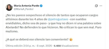 La exfuncionaria también cuestionó el silencio de antiguos integrantes del gabinete de Gustavo Petro frente a los debates políticos actuales - crédito @MariaA_PardoJ/X