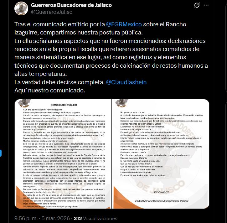 Comunicado del colectivo Guerreros Buscadores de Jalisco. (Captura de pantalla)