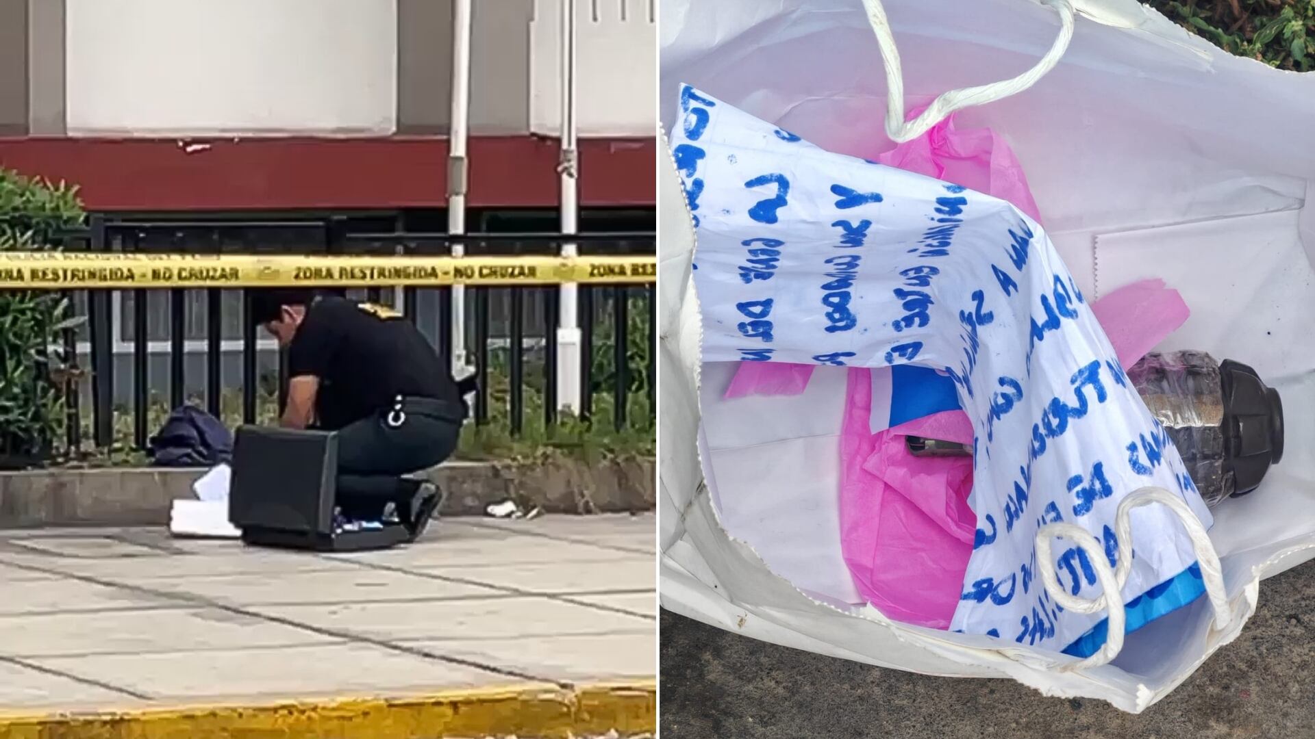 Agentes de la Policía Nacional del Perú inspeccionan una bolsa blanca con un artefacto explosivo y notas amenazantes en los exteriores del Poder Judicial del Callao.