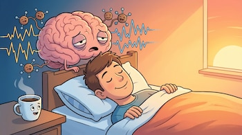 Ilustración de persona durmiendo en cama al amanecer. Un cerebro agotado flota sobre su cabeza, rodeado de ondas y moléculas de cafeína. Taza de café en la mesa de luz.