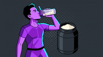 Ilustración de una persona en ropa deportiva morada bebiendo de un bote mezclador junto a un bote negro abierto con polvo blanco.