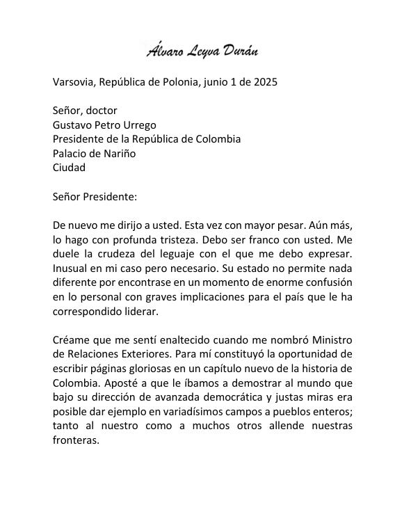 Carta de Álvaro Leyva al presidente Gustavo Petro - crédito suministrada