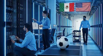 Tres ingenieros supervisan servidores en un centro de datos moderno; las banderas de México y EE. UU. cuelgan, y un balón de fútbol está en primer plano.