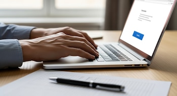 Manos adultas escriben en teclado de laptop plateada. Pantalla muestra interfaz web con botón azul. Escritorio de madera, documento y bolígrafo negro.