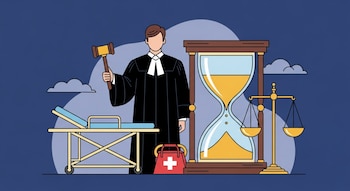 Juez con toga y martillo junto a camilla médica, reloj de arena, balanza de la justicia y botiquín rojo.