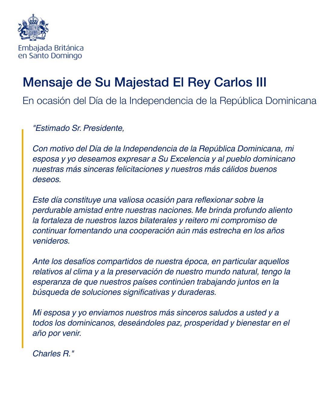 El rey Carlos III del Reino Unido felicitó al presidente Luis Abinader y al pueblo dominicano por el aniversario de la independencia./ (Redes de la Embajada Británica en Santo Domingo)