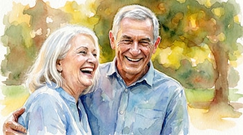 Ilustración en acuarela de una pareja mayor. La mujer, de pelo blanco, ríe con la boca abierta. El hombre, de pelo gris, sonríe a su lado. Fondo difuso de árboles.