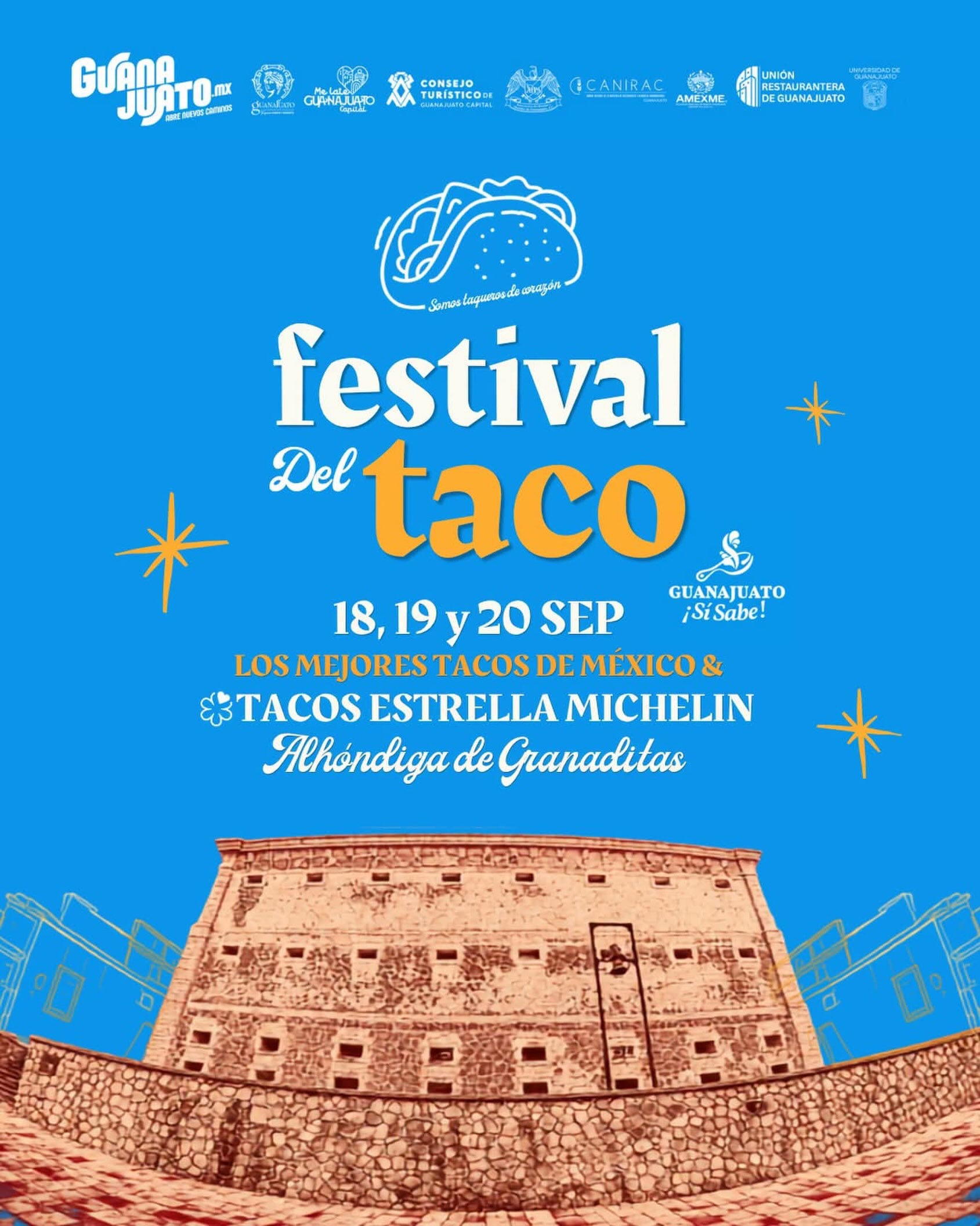 Un cartel promociona el Festival del Taco del 18 al 20 de septiembre en la Alhóndiga de Granaditas, en la ciudad de Guanajuato. (Festival del Taco/Consejo Turístico Guanajuato: Redes sociales)