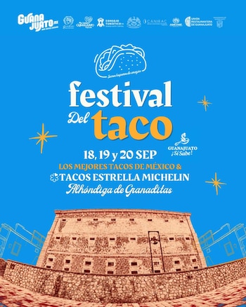 Cartel azul con las palabras Festival del taco, la fecha 18, 19 y 20 de septiembre y una imagen de la Alhóndiga de Granaditas al fondo