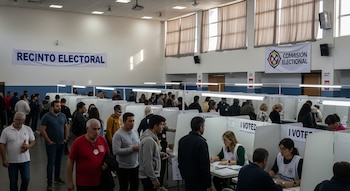 Numerosas personas hacen filas y votan en un gran salón con cabinas y mesas de registro. Se ven carteles de Recinto Electoral y Comisión Electoral.