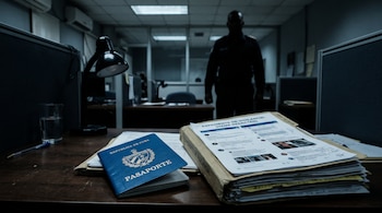 Un pasaporte de Cuba, un expediente con impresiones de redes sociales, una lámpara y un vaso sobre una mesa frente a la silueta de un oficial.