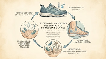Ilustración detallada del ciclo del microclima del zapato y la fisiología de la piel, mostrando un zapato, un pie sudoroso, bacterias y hongos, con flechas indicando el proceso.