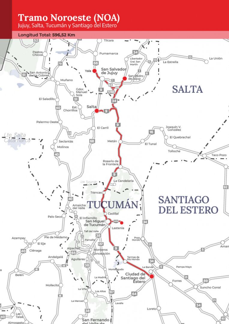 El mapa detalla el Tramo Noroeste (NOA) de 596,52 km, uno de los segmentos viales clave bajo licitación en la etapa 3 de la Red de Concesiones Viales, que conecta Jujuy, Salta, Tucumán y Santiago del Estero. (Vialidad Nacional)