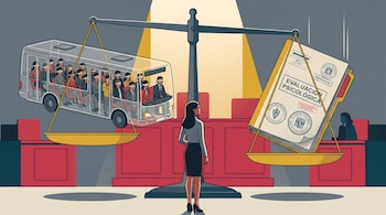 Ilustración de una balanza con un autobús con pasajeros vendados en un plato y un expediente judicial en el otro, frente a una mujer.