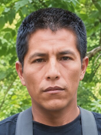 Primer plano de un hombre con cabello oscuro corto y tez morena. Viste camiseta oscura y tirantes grises. Fondo de hojas verdes borrosas
