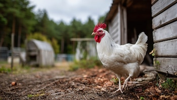 Gallo blanco, ave de corral, plumaje blanco, animal rural, gallo, simbolismo. - (Imagen Ilustrativa Infobae)