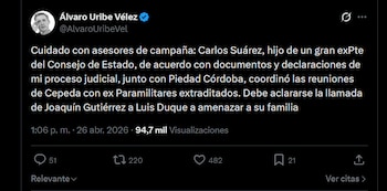 Álvaro Uribe vincula a Carlos Suárez, asesor de la campaña presidencial de De la Espriella, con su proceso por fraude procesal y soborno a testigos - crédito X