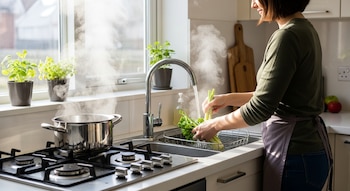 Una mujer lava verduras verdes en un fregadero de cocina moderno, con una olla humeante en la estufa y plantas en el alféizar de la ventana iluminada.
