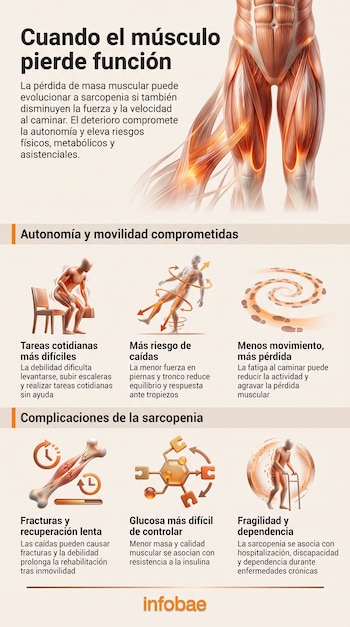 Infografía con ilustraciones anatómicas del tejido muscular y figuras humanas que representan caídas, fatiga y pérdida de movilidad.