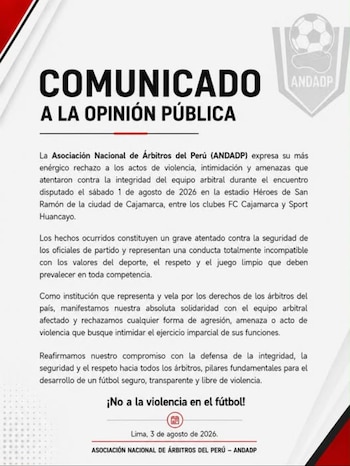 Sport Huancayo - FC Cajamarca - Asociación de Árbitros de Fútbol del Perú – ANDADP – Liga 1 – Perú – deportes – 5 agosto